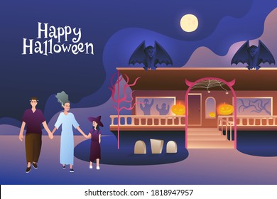 Halloween family party invitation. Happy Halloween! Young Frankenstein family with a little witch. Scary house with gargoyles and ghosts.