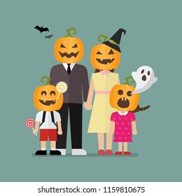 Halloween family with halloween pumpkin costumes. Vector illustration