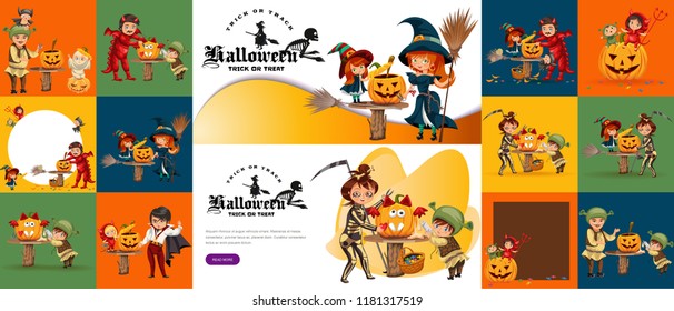 Halloween family set vector illustration. Mother father children dressed mystery costumes of dragon death witch devil and shrek. Horror concept template design promo text elements colorful background svg