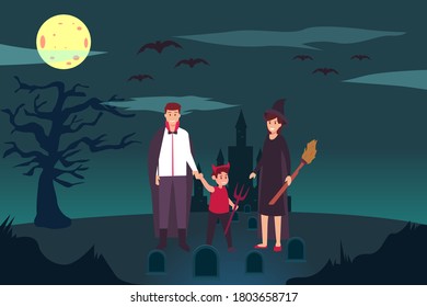 Halloween family vector concept: group of happy family wearing Halloween costumes while posing by holding hands together on the graveyard