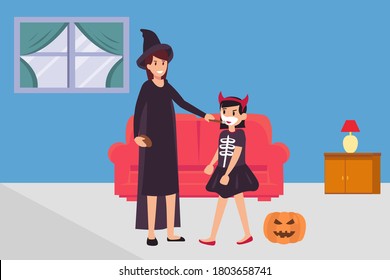 Halloween family vector concept: happy woman painting her daughter's face while they are wearing Halloween costumes in the living room
