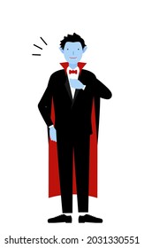 Halloween fancy dress, Leave it to me pose of a man in vampire costume beating his chest