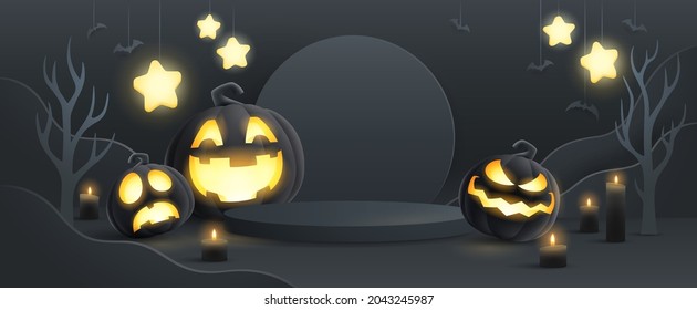 Halloween fantasy black theme product display podium on paper graphic background with group of 3D illustration Jack O lantern pumpkin and candle light.