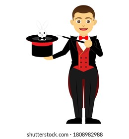 Halloween Fantasy Cute Character - Man Magician Show With Bunny Rabbit In A Hat Vector Illustration Isolated On White Background