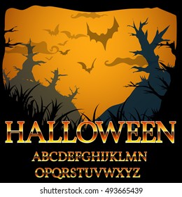 Halloween fantasy gold style alphabet font letter set for titles and covers. Vector characters