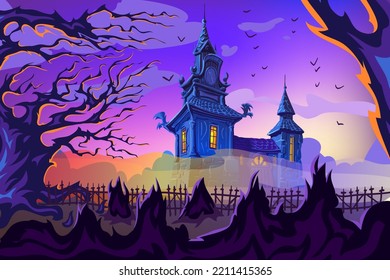 Halloween fantasy landscape with old haunted castle and graveyard in the foreground. Template for placards, banners, flyers and party invitations. Vector creative art illustration. 