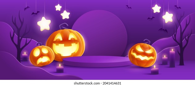 Halloween fantasy purple theme product display podium on paper graphic background with group of 3D illustration Jack O lantern pumpkin and candle light.