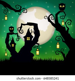 Halloween. Fantasy tree house with owls and vintage lanterns