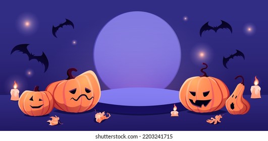 Halloween fantasy violet theme product display podium on paper cartoon background with Jack O lantern pumpkin, bats and candle light.