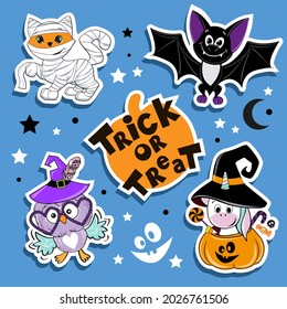 Halloween fashion patch badges with cute cartoon ginger cat in mummy costume, owl, unicorn, pumpkin, bat. Vector illustration isolated