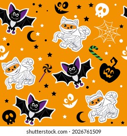 Insignias de los parches de moda de Halloween con adorables dibujos animados de ginger cat con disfraces mami, calabaza y murciélago sin costura. Ilustración de vectores aislada