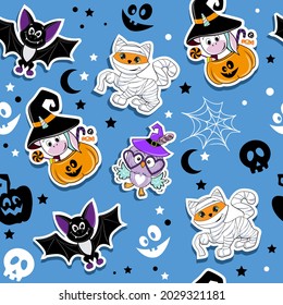 Halloween fashion patch badges with cute cartoon ginger cat in mummy costume, owl, unicorn, pumpkin, bat seamless pattern. Vector illustration isolated