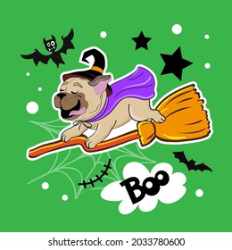 Halloween fashion patch badges with cute cartoon  pug dog flying on a witch's broom. Vector illustration isolated