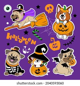 Halloween fashion patch badges and cute cartoon dogs corgi   pug dogs  Vector illustration isolated