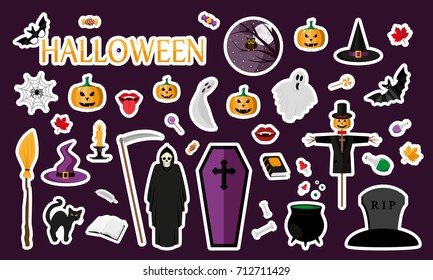 Halloween. Fashion patch badges with sweet pumpkins, ghosts and other elements. Set of stickers, pins, patches. Vector illustration isolated on purple background.