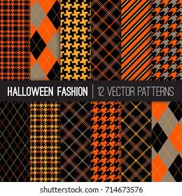 Halloween Fashion Patterns in Orange, Yellow, Black and Taupe. Preppy Fall Backgrounds. Autumn Colors Houndstooth Tweed, Tartan Plaid, Stripes and Argyle. Pattern Tile Swatches Included.