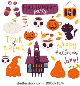 Halloween fashion quirky cartoon doodle patch badges with cute halloween elements. Vector illustration. Set of stickers, pins, patches in cartoon style. Vector collection