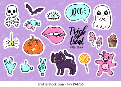 Halloween fashion quirky cartoon doodle patch badges with cute ghosts and pumpkins. Vector illustration. Set of stickers, pins, patches in cartoon comic style of 80s-90s. Vector collection