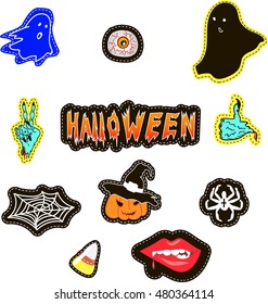 Halloween fashion quirky cartoon doodle patch badges with cute ghosts and pumpkins. Vector illustration. Set of stickers, pins, patches in cartoon comic style of 80s-90s. Vector collection