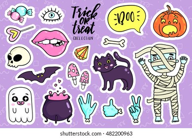 Halloween fashion quirky kawaii cartoon doodle patch badges with cute ghosts and pumpkins. Vector illustration. Set of stickers, pins, patches in cartoon comic style of 80s-90s. Vector collection