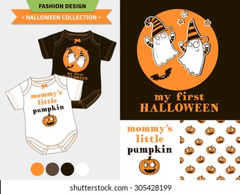 Halloween fashion set for babies and kids,  vector artworks and seamless patterns with cartoon funny pumpkin, ghosts, vampire bats, stars and words 'mommy's little pumpkin', 'my first Halloween'.