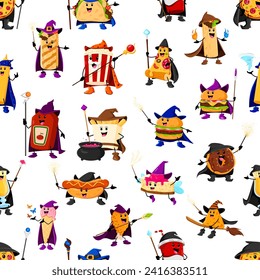 Halloween fast food mage, wizard and witch characters seamless pattern. Vector tile background with popcorn, ketchup, pizza and shawarma. Burger, donut, cheesecake and nachos with chicken or hotdog