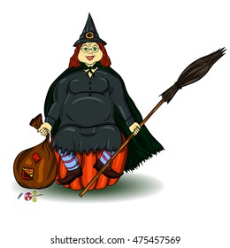 Halloween, fat lady witch on a pumpkin, broom and sweets, For print on T-shirts, for Halloween cards and banners