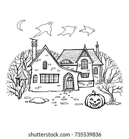 Halloween fearful old house in forest. Fearful trees, smiling pumpkin jack on brick road. Moon and ghosts flying out of the chimney. Illustration for your design.