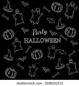 
Halloween. Feast of the Dead. Day of the Saints. Pumpkins, ghost, bone, hat. Doodle.
