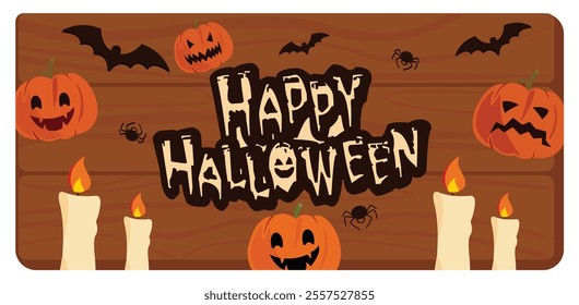 Halloween features carved pumpkins, flying bats, and glowing candles set against a wooden background. The playful and spooky design captures the festive spirit of Halloween celebrations.  