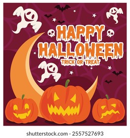 Halloween featuring glowing pumpkins, playful ghosts, and bats. Perfect for a cheerful Halloween greeting or festive decoration. Flat vector modern illustration 