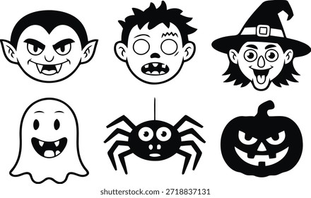 Halloween con Vampire Ghost Zombie Witch Spider y Jack-o- Lantern sobre fondo blanco Palabras claves halloween