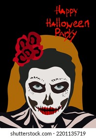 Halloween female skull makeup over dark grey background.