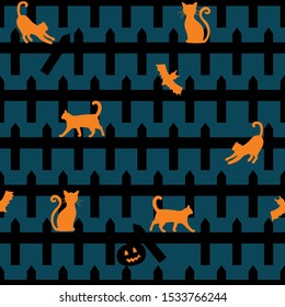 Halloween fence with Cats Vector Seamless Pattern