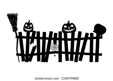 Halloween fence icon. Broom, pumpkin, spider, cobweb and pot. Black silhouette. Horizontal front side view. Vector simple flat graphic illustration. Isolated object on a white background. Isolate.