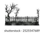 Halloween fence and spooky trees watercolor silhouette isolated on white background. Halloween scene vector illustration