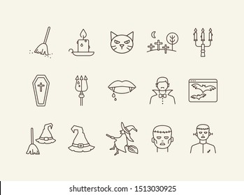 Halloween fest line icons. Sconce, bats on screen, witch on broom. Halloween concept. Vector illustration can be used for topics like holiday, festivals, celebration