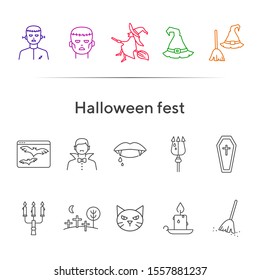 Halloween fest line icons. Sconce, bats on screen, witch on broom. Halloween concept. Vector illustration can be used for topics like holiday, festivals, celebration