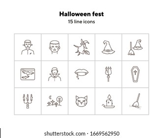 Halloween fest line icons. Sconce, bats on screen, witch on broom. Halloween concept. Vector illustration can be used for topics like holiday, festivals, celebration