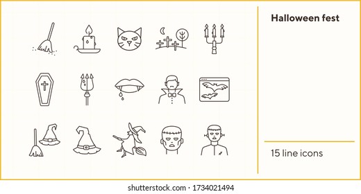 Halloween fest line icons. Sconce, bats on screen, witch on broom. Halloween concept. Vector illustration can be used for topics like holiday, festivals, celebration
