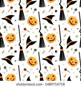 Halloween fest vector seamless pattern. Witch hat, broom, sweets,  pumpkin on white background. Halloween banner, october season wallpaper, wrapping paper design