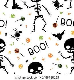 Halloween fest vector seamless pattern. Skeleton, sweets, spider, bat on white background. Halloween banner, october season wallpaper, wrapping paper design
