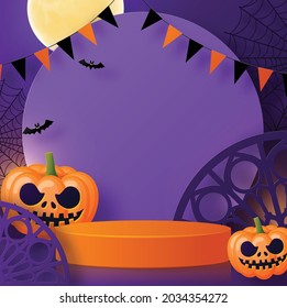 Halloween festival background design with 3d Podium round, square box stage podium ghost, pumpkin, bat, lamp, gravestone, moon, night, spooky and paper cut art elements craft style on background.
