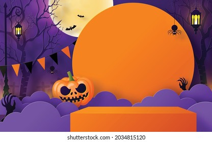 Halloween festival background design with 3d Podium round, square box stage podium ghost, pumpkin, bat, lamp, gravestone, moon, night, spooky,gravestone and paper cut art elements craft style on backg