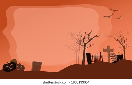 
Halloween festival background illustration on orange background ready Pumpkins, Crosses, Graves and Bats