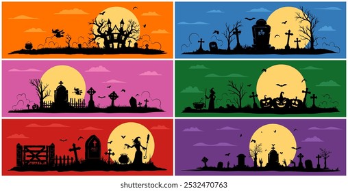 halloween festival banner design, halloween hunted old house, gravestone, cross cementery, flying bats, graveyard silhouette. scary background, spooky banner design