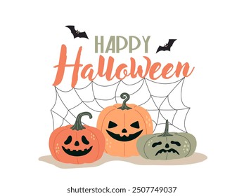 Halloween festival card. Happy holiday. Halloween pumpkins postcard. Bat and cobweb.