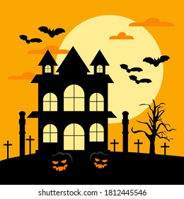 Halloween festival and celebration haunted house, coffin or casket with graveyard, castle, moon, bat