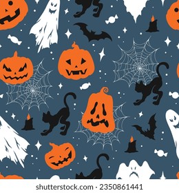 Halloween festival colorful seamless pattern with jack pumpkins and cobwebs near cats and flying white ghosts vector illustration