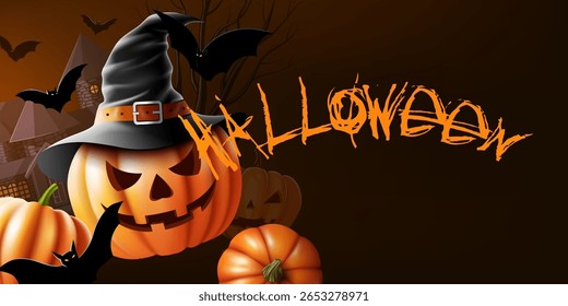 halloween festival concept background design template vector illustration.monster pumpkin face,bats, horror haunted castle decorative halloween banner design element.
